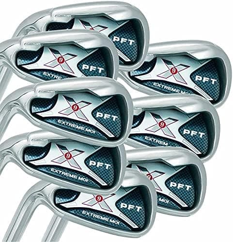 Left Handed PFT X9 Extreme MOI Iron Set +1 inch Over Big & Tall Men's Complete 8-Piece Iron Set (4-SW) Steel Shaft Regular Flex Club (Tall 6'0"+ / +1" Over) with Midsize Black Pro Velvet Grips